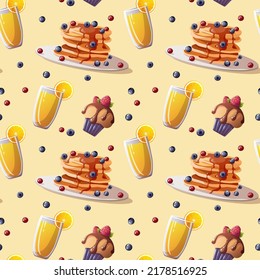 Banner de venta de promociones con crepes con bayas, quequitos y zumo de naranja. Comida saludable, nutrición, cocina, menú de desayuno, postre, concepto de recetas. Ilustración vectorial para banner, afiche, volante, venta.