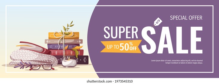 Promo sale banner with stack of books, glasses, blanket, candle. Bookstore, bookshop, library, book lover, education concept. Vector illustration for poster, banner, advertising, flyer.