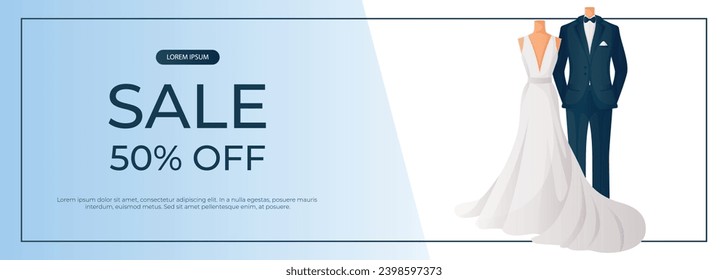 Promo sale banner with wedding bride dress, groom suit on couple mannequins for bridal shop. Wedding day accessories, decorations. Celebrate marriage, save the date ceremony for poster, advertising