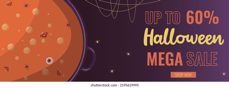 Promo sale flyer or banner of a special Halloween sale in purple, orange and yellow colors. With spiders, pumpkins. Vector illustration for offer, banner, flyer, advertising, promotion, commercial.
