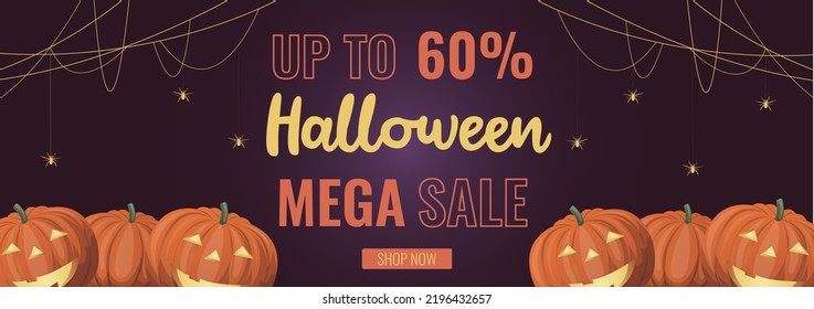 Promo sale flyer or banner of a special Halloween sale in purple, orange and yellow colors. With spiders, pumpkins. Vector illustration for offer, banner, flyer, advertising, promotion, commercial.