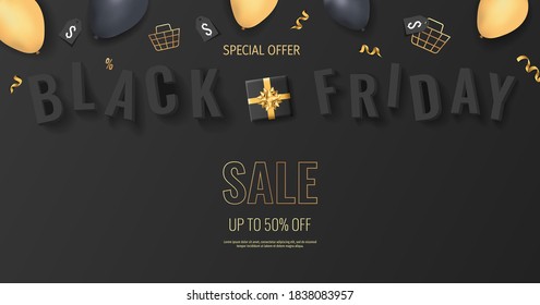 Promo sale flyer for Black friday. Shopping, Clothing store, Gifts, Supermarket, Order online, Sale concept. Vector illustration for poster, banner, flyer, advertising, promo, commercial.