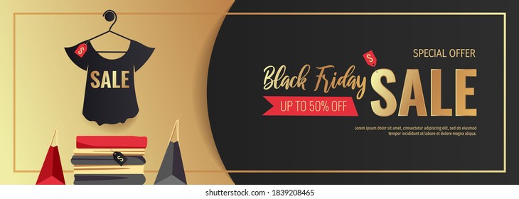 Promo sale flyer for Black friday. Shopping, Clothing store, Gifts, Supermarket, Order online, Sale concept. Vector illustration for poster, banner, flyer, advertising, promo, commercial.