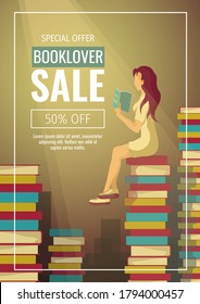 Promo Sale Flyer For Bookstore, Bookshop, Book Lovers, E-book Reader, Library. Woman Sitting With Book On The Stack Of Books. Vector Illustration For Poster, Banner, Advertising.