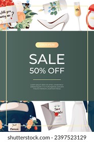 Promo sale flyer with cake, flowers, bride suit, groom dress, engagement ring, proposing card. Wedding day accessories, decorations.Celebrate marriage, save the date ceremony for poster, advertising