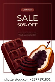Promo sale flyer with cocoa bean, dark, white chocolate bar pieces, candy. Chunks and blocks of brown chocolate. Milk sweet dessert, cooking ingredient for confectionery shop. A4 for poster, banner