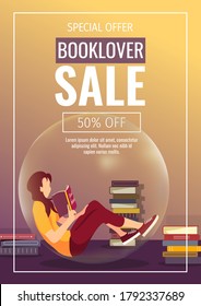 Promo Sale Flyer Design For Bookstore, Bookshop, Book Lovers, Library. Woman Reading Book In Bubble And Stacks Of Books. A4 Vector Illustration For Poster, Banner, Advertising, Flyer, Special Offer.