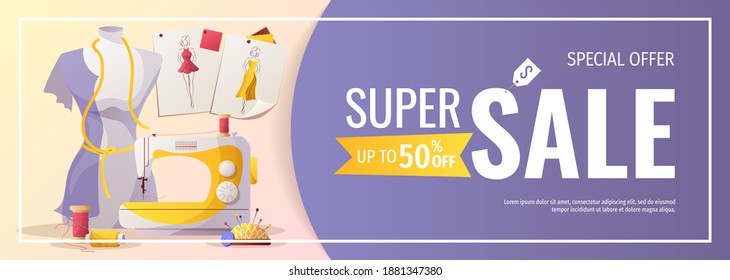 Promo sale flyer design with sewing items. Sewing workshop, fashion design, dressmaking, tailoring concept. Vector illustration for poster, banner, advertising, commercial.