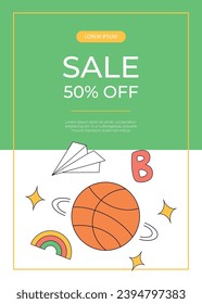 Promo sale flyer with funky retro groovy groovy basketball ball, paper airplane. Back to school. Children's stationery, funny study school supplies. Nostalgia 60s, 70s, 80s.A4 vector for poster, cover