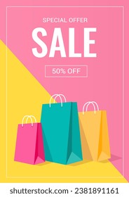 Promo sale flyer. Gift bags in pink and yellow background. A4 vector illustration for poster, banner, special offer.