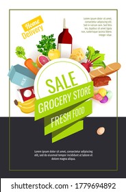 Promo Sale Flyer With Groceries. Grocery Store, Shopping, Supermarket, Fresh Food, Sale Concept. A4 Vector Illustration For Poster, Banner, Flyer, Advertising, Commercial.