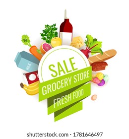 Promo Sale Flyer With Groceries. Grocery Store, Shopping, Supermarket, Fresh Food, Sale Concept. Vector Illustration For Poster, Banner, Flyer, Advertising, Commercial.