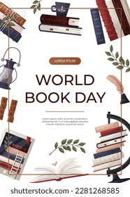 Promo sale flyer with stack of books, globe, inkwell quill, plant, lantern, ebook. World book day. Bookstore, bookshop, library, book lover, bibliophile, education. A4 vector for poster, banner