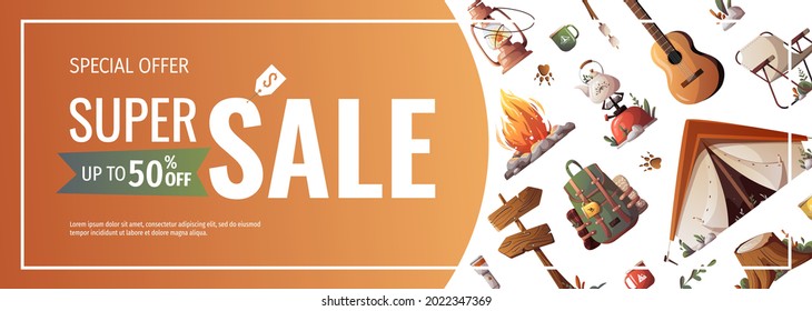 Promo sale flyer for summer camping, traveling, trip, hiking, camper, nature, journey, picnic. Vector illustration for poster, banner, flyer, cover, special offer, advertising.