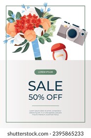 Promo sale flyer with wedding bouquet of peony, engagement ring in red velvet box, retro camera. Wedding day accessories, decorations. Celebrate marriage, save the date ceremony for poster, banner
