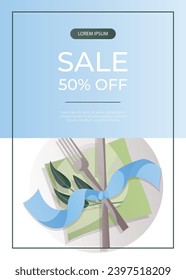 Promo sale flyer with wedding place setting with cutlery, dinner plate and silk ribbon in rustic style.Wedding day accessories, decorations.Celebrate marriage, save the date ceremony for poster, cover