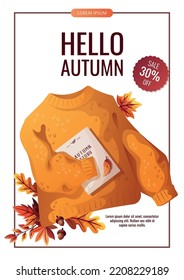 Promo sale flyer with yellow sweater, book and autumn leaves. Autumn, cozy home, warm clothes, fall, knitwear concept.  Vector illustration. Banner, flyer, advertising, special offer.
