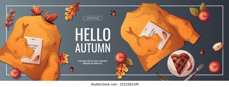 Promo Sale Flyer With Yellow Sweater, Apple Pie And Autumn Leaves. Autumn, Cozy Home, Warm Clothes, Fall, Knitwear Concept.  Vector Illustration. Banner, Flyer, Advertising, Special Offer.