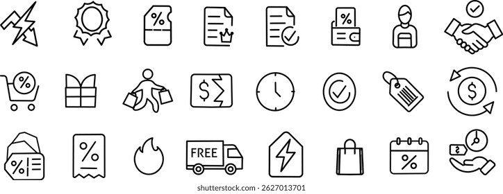 Promo and Sale Outline Icon Pack – Black Friday, Deals, Price Cuts, and Loyalty Rewards