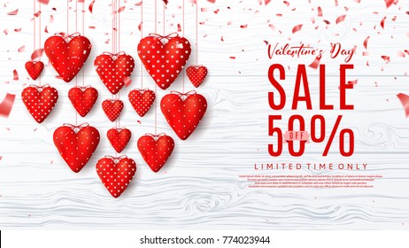 Promo Sale Web Banner with Red Fabric Hearts. Beautiful Background with Symbols of Valentine's Day and Confetti on Wooden Texture. Vector Illustration with Seasonal Offer.