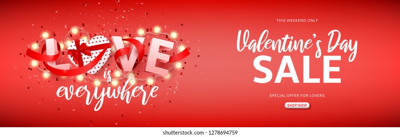 Promo seasonal banner for Valentine's Day sale. Vector illustration with 3d letters and gift box, confetti, glowing garland with bulbs in shape of hearts. Holiday greeting card.