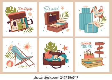 Promo set Summer Tours . Square posters featuring travel suitcases, bags, beach chairs, shells, starfish and monstera leaves. Ideal for advertising with text space.