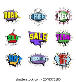 Promo speech bubbles. Flat bubble, sale tags frames and cartoon explosion. Discount labels, comic dialog art banners. Cartoon decent vector stickers