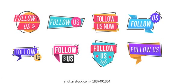 Promo sticker, badge. Follow us typography for web site, blog banner and ads. Creative speech bubble. Can be used for business, advertising in social media. Vector linear social media tag. 