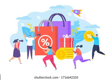 Promo at store sale goods, vector illustration. Market commerce advertising, man and woman with loudspeaker talk about sale. Customers run for discount in shop, package with per cent sign.