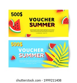 Promo Summer Gift Voucher banner with decoration Vector illustration with tropical leaves and watermelon on blue background.