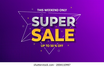 Promo súper venta con fondo degradado, hasta un 50% de descuento. Diseño de plantillas de banner de diseño de promoción de descuento. Ilustración del vector