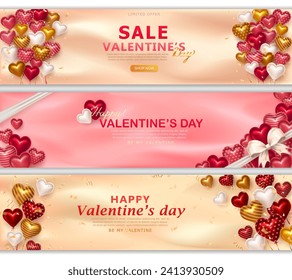 Promo Valentine's Day romantic panoramic banners or billboards with 3d glossy heart balloons, realistic confetti streamers, bow, puffy heart candies, SALE discount info and greeting text typography