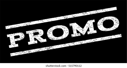 Promo watermark stamp. Text tag between parallel lines with grunge design style. Rubber seal stamp with scratched texture. Vector white color ink imprint on a black background.