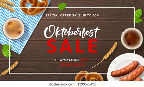 Promo web banner for Oktoberfest sale. Vector illustration with beer, sausages and traditional textile on wooden texture. Seasonal offer with discount.