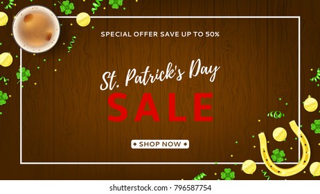 Promo Web Banner for Saint Patrick's Day Sale. Top View on Festive Composition with Beer Glass, Horseshoe, Golden Coins and Clover Leaves on Wooden Texture. Vector Illustration with Confetti.