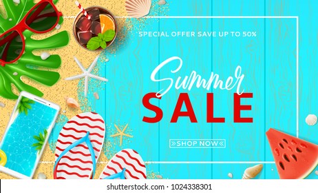 Promo web banner for summer sale. Top view on red sun glasses, watermelon, cocktail, smartphone, flip flops and sea sand on wooden texture. Vector illustration with special discount offer.