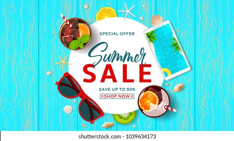 Promo web banner for summer sale. Top view on Summer decoration with cocktails and fresh fruit on wooden texture. Vector illustration with special discount offer. Concept of seasonal vacation.