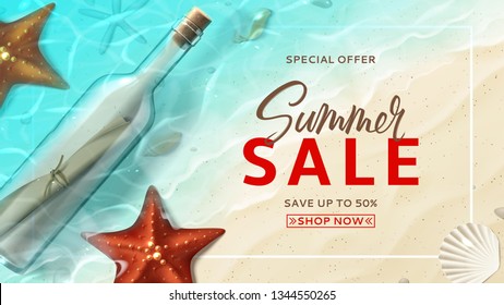 Promo web banner for summer sale. Summer background with realistic glass bottle with message, seashells and starfishes on beach in sea water. Vector illustration with special discount offer.