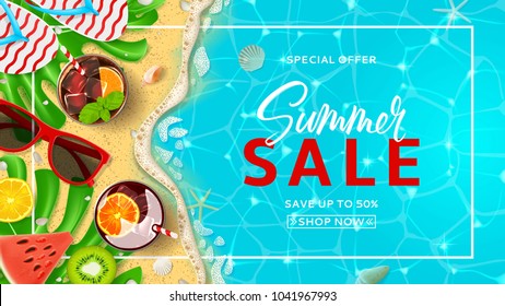 Promo web banner template for summer sale. Top view on Summer decoration with realistic objects on beach. Vector illustration with discount offer. Concept of seasonal vacation in tropical country.