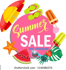 Promo web banner template for summer sale. Top view on Summer decoration with realistic objects. Vector illustration with discount offer. Concept of seasonal vacation in tropical country.