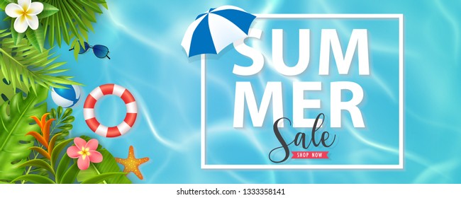 Promo web banner template for summer sale. Top view on Summer decoration with realistic objects on beach. Vector illustration with discount offer. Concept of seasonal vacation in tropical country.