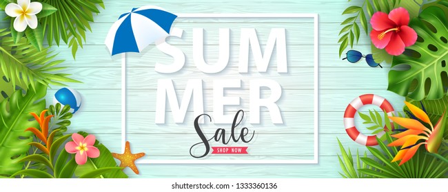 Promo web banner template for summer sale. Top view on Summer decoration with realistic objects on Wooden floor. Vector illustration with discount offer. Concept of seasonal vacation in tropical count