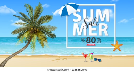Promo web banner template for summer sale with coconut tree on beach. Vector illustration with discount offer. Concept of seasonal vacation in tropical country.