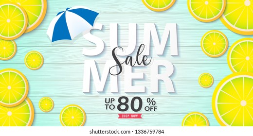 Promo web banner template for summer sale. Top view on Summer decoration with lemon on Wooden floor. Vector illustration with discount offer. Concept of seasonal vacation in tropical count.