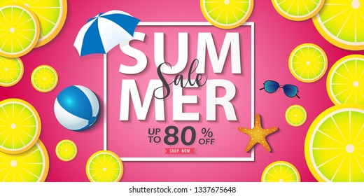 Promo web banner template for summer sale. Top view on Summer decoration with lemon on pink background. Vector illustration with discount offer. Concept of seasonal vacation in tropical count.