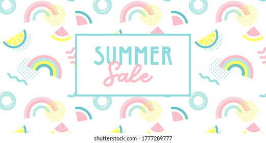 Promo web banner template for summer sale. Summer funny wallpaper in Memphis style. Fashionable styling template with watermelon, lemon and rainbow. vector design.