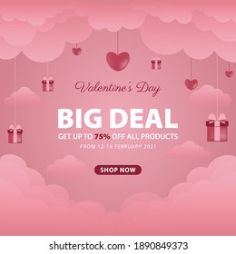 Promo Web Banner for Valentine's Big Deal and Seasonal Offer. Vector  cloud and give, illustration. flyers, invitation, posters, brochure, banners.
