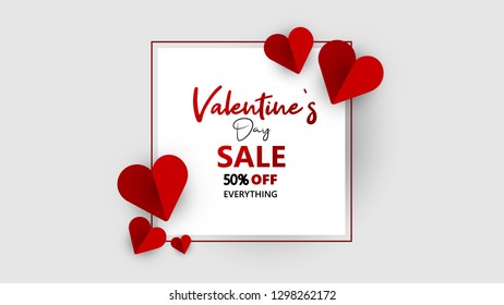 Promo Web Banner for Valentine's Day Sale. Beautiful Background with Red Hearts. Vector Illustration with Seasonal Offer. - Vector 