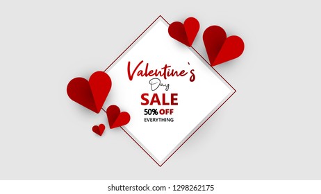 Promo Web Banner for Valentine's Day Sale. Beautiful Background with Red Hearts. Vector Illustration with Seasonal Offer. - Vector 