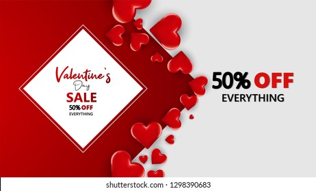 Promo Web Banner for Valentine's Day Sale. Beautiful Background with Red Hearts. Vector Illustration with Seasonal Offer. - Vector 